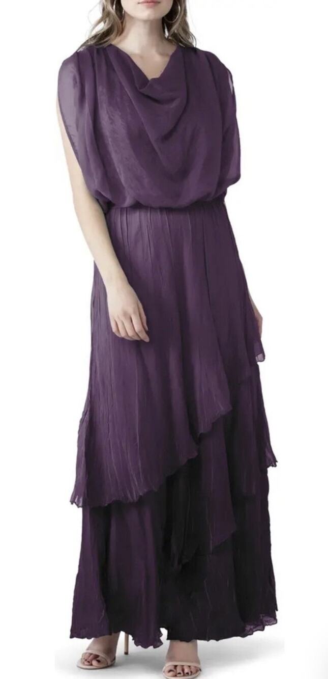 Komarov Plum Purple Ombré Tiered Skirt Blouson Chiffon Formal Gown Size Small